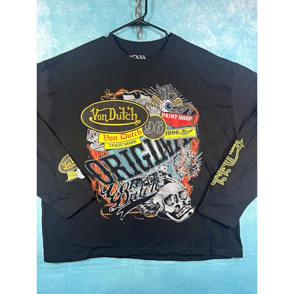 Y2K VTG Von Dutch Men's Black Original Paint Shop 1996 Skull Graphic Tee Size XL